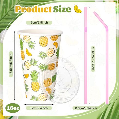 Tessco 150 Pieces/50 Sets Lemonade Cups with Lids and Paper Straws 16oz Disposable Iced Coffee Paper Cup Summer Citrus Cold Cups for Lemonade Stand Supplies Fruit Party Beverages Drinks Juices in Saudi Arabia