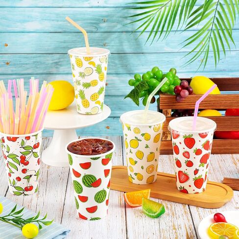 Tessco 150 Pieces/50 Sets Lemonade Cups with Lids and Paper Straws 16oz Disposable Iced Coffee Paper Cup Summer Citrus Cold Cups for Lemonade Stand Supplies Fruit Party Beverages Drinks Juices in Saudi Arabia