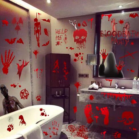 Halloween Decorations, 10 Sheets Halloween Window Clings, Bloody Handprint Footprint Halloween Wall Decal Floor Clings with Tattoo Stickers, Scary Halloween Decoration Window Stickers in Saudi Arabia