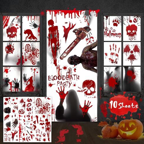 Halloween Decorations, 10 Sheets Halloween Window Clings, Bloody Handprint Footprint Halloween Wall Decal Floor Clings with Tattoo Stickers, Scary Halloween Decoration Window Stickers in Saudi Arabia