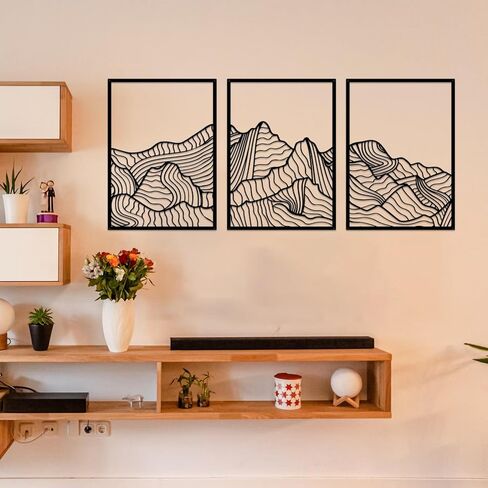 ruelen 3 Pcs Mountain Metal Wall Art Mountain Line Wall Decor Abstract Minimalist Wall Art Rustic Nature Wall Decor Hanging Sculpture for Home Bedroom Bathroom Living Room in Saudi Arabia