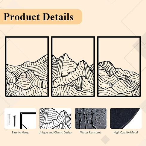 ruelen 3 Pcs Mountain Metal Wall Art Mountain Line Wall Decor Abstract Minimalist Wall Art Rustic Nature Wall Decor Hanging Sculpture for Home Bedroom Bathroom Living Room in Saudi Arabia