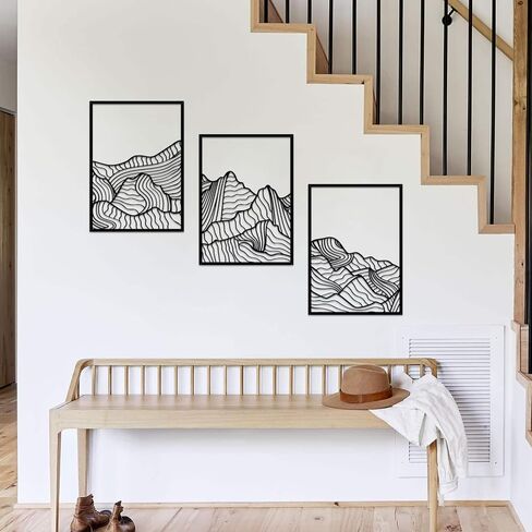 ruelen 3 Pcs Mountain Metal Wall Art Mountain Line Wall Decor Abstract Minimalist Wall Art Rustic Nature Wall Decor Hanging Sculpture for Home Bedroom Bathroom Living Room in Saudi Arabia