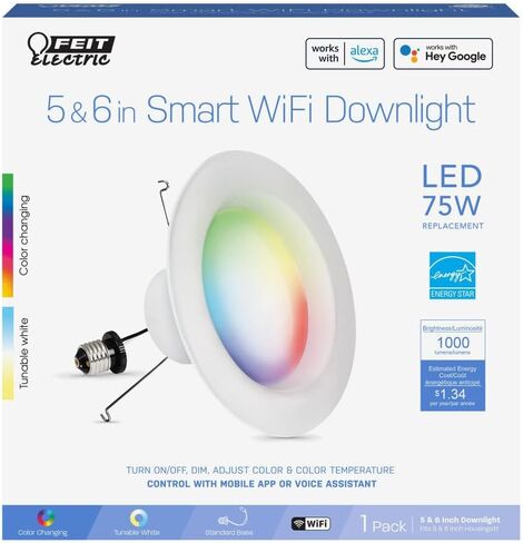 Feit Electric Smart Recessed Light, Fits Most 5-6" Can Housing, Works with Alexa or Google Assistant, Dimmable, 75W Equiv, 1000 Lumens, 2.4GHz WiFi Color Changing Downlight, LEDR6/RGBW/AG, 1 Pack in Saudi Arabia