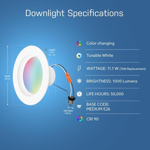 Feit Electric Smart Recessed Light, Fits Most 5-6" Can Housing, Works with Alexa or Google Assistant, Dimmable, 75W Equiv, 1000 Lumens, 2.4GHz WiFi Color Changing Downlight, LEDR6/RGBW/AG, 1 Pack in Saudi Arabia