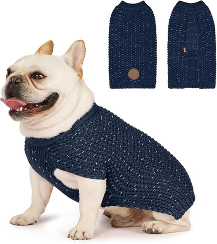 KYEESE Dog Sweaters with Leash Hole for Small Dogs Warm Pullover Dog Knitwear with Reflective Yarn for Fall Winter, Navyblue, XS in Kuwait