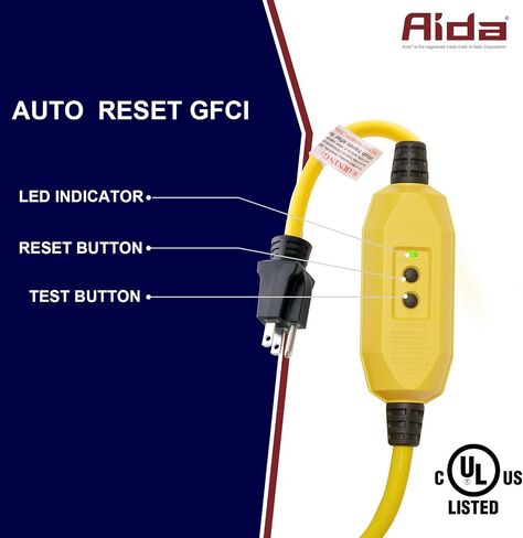 AIDA 2FT إعادة تعيين تلقائي 12/3 مقياس SJTW سلك تمديد GFCI عالي التحمل مع 3 قابس مؤرض، 15 أمبير كابل تمديد خارجي أصفر مع إضاءة LED، مدرج في قائمة UL، حزمة واحدة in Kuwait