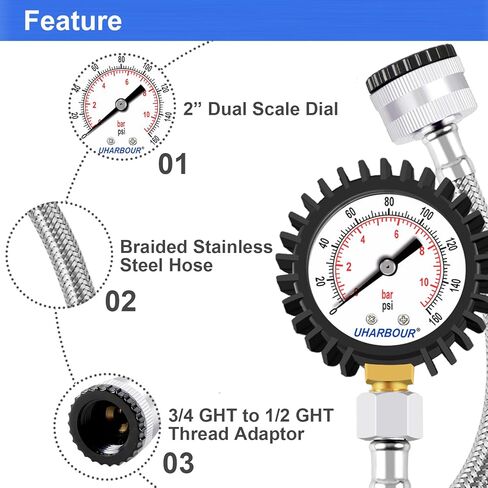 مقياس ضغط المياه، مقياس ضغط المياه للمنزل 2 بوصة، مقياس اختبار ضغط المياه مع خرطوم مضفر من الفولاذ المقاوم للصدأ، نطاق 200 رطل لكل بوصة مربعة، وصلة GHT 3/4 بوصة in Kuwait