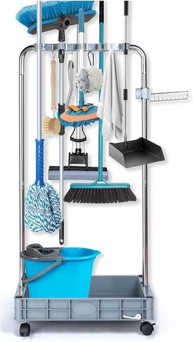 Broom Holder Closet Organizer Cleaning Supplies Storage Tools Cart for Garage Garden Cabinet Home (10-Racks) in Saudi Arabia