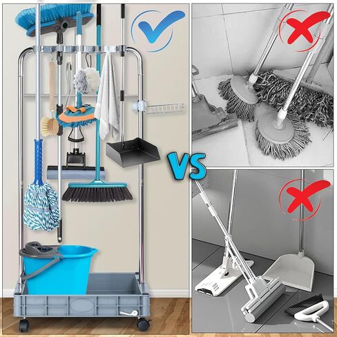 Broom Holder Closet Organizer Cleaning Supplies Storage Tools Cart for Garage Garden Cabinet Home (10-Racks) in Saudi Arabia