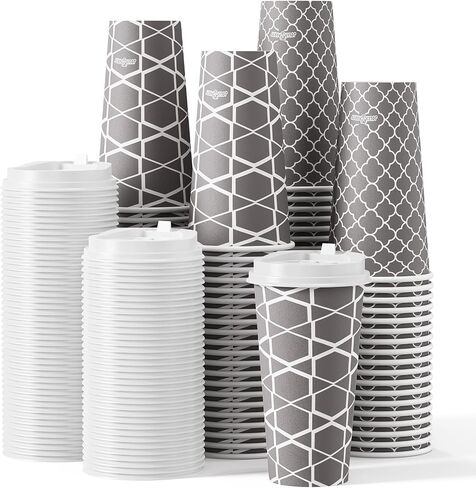 JOLLY PARTY Disposable Coffee Cups with Lids -16 oz (100 Sets) To Go Coffee Cups, Paper Coffee Cups for Beverages Espresso Tea, Suitable for Cafes, Offices and Home in Saudi Arabia