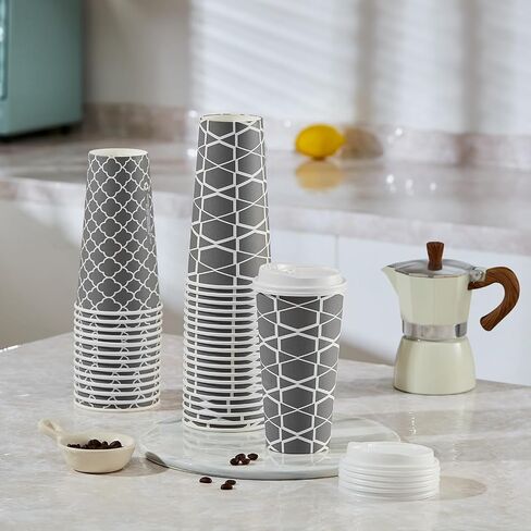 JOLLY PARTY Disposable Coffee Cups with Lids -16 oz (100 Sets) To Go Coffee Cups, Paper Coffee Cups for Beverages Espresso Tea, Suitable for Cafes, Offices and Home in Saudi Arabia