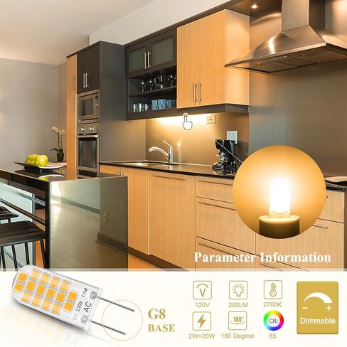 لمبة DiCUNO G8 LED قابلة للتعتيم، 2 وات (ما يعادل 20 وات)، أبيض دافئ 2700 ك، 120 فولت، T4 JCD نوع مصابيح إضاءة ثنائية الدبوس لتحت الخزانة، إضاءة مضادة، 10 عبوات in Saudi Arabia