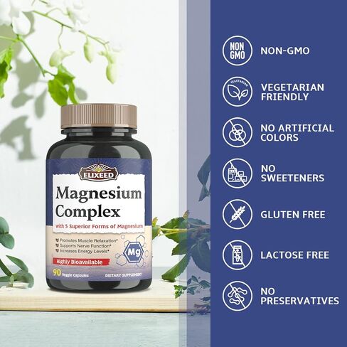 Magnesium Complex, 300 mg of Elemental Magnesium, 5 Forms with Magnesium Glycinate & Citrate, Superior Absorption, for Muscle, Nerve & Cardiovascular Health, Non-GMO, 90 Veggie Caps in Kuwait