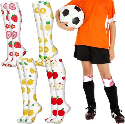 Jeyiour 4 Pairs Performance Socks Performance Liner Socks Fruit Pattern Soccer Field Hockey Liner Socks over the Calf Sock Shin Guard Liners Moisture Wicking Protection for Ice Hockey Horseback Riding in Saudi Arabia