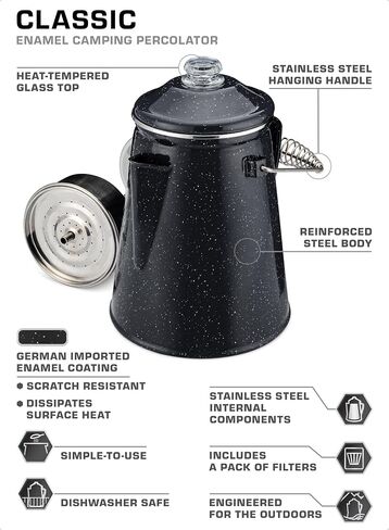 COLETTI Classic Coffee Percolator (Black, 18 Cup) – Camping Coffee Pot, Percolator Coffee Pot – Brew Bold Coffee for the Whole Campsite — XL Enamel Percolator in Kuwait