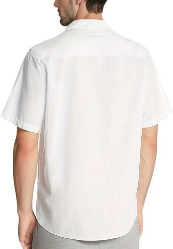 قمصان رجالي كتان كاجوال بأزرار سفلية من القطن، قميص رجالي خفيف الوزن لقضاء العطلات على الشاطئ، ملابس صيفية مع جيب، تي شيرت هاواي in Kuwait