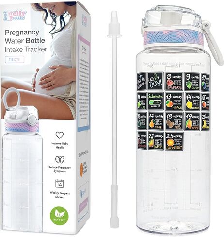 متتبع زجاجة مياه الحمل من BellyBottle - الحمل يجب أن يكون - هدايا الحمل للأم الحامل - أساسيات الحمل لتخفيف الغثيان - ملصقات أسبوعية + قش + خالية من مادة BPA - أزرق in Saudi Arabia