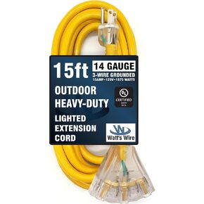 15 ft - 14 Gauge Heavy Duty Extension Cord - 3 Outlet Lighted SJTW - Indoor/Outdoor Extension Cord by Watt's Wire - 15' 14-Gauge Grounded 15 Amp Extension Cord