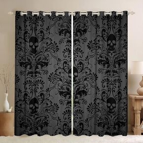 Black Damask Blackout Curtains Antique Victorian Baroque Gothic Vintage Floral Curtains & Drapes Exotic Sugar Skull Window Treatments 2 Panels 42" Wx63 L,Gothic Bone Skeleton Bohemian Decor,Grey