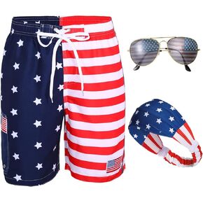 Yahenda 4th of July Shorts Mens USA American Flag Shorts Mens Swim Trunks with Headband Sunglasses Red Blue White Pants