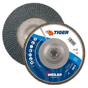 Weiler 50544 7" Tiger Disc Abrasive Flap Disc, Conical (TY29), Aluminum Backing, 60Z, 5/8"-11 UNC NUT (Pack of 10)