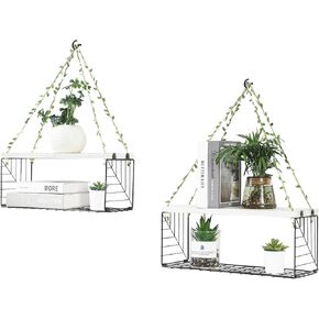 Hanging Shelves for Wall Set of 2 Hanging Plant Shelf - Aesthetic Wooden Floating Rope Bookshelves Wall Decor for Bedroom, Bathroom, Living Room,White (Style 2) in Kuwait