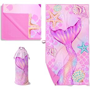 PRIS+SAND Mermaid Quick Dry Beach Towel & Pouch for Kids | Sandproof, Compact Microfiber Towels | Pink - 30" x 60" | Gift for Boys, Girls