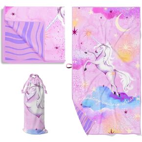 PRIS+SAND Microfiber Beach Towel & Pouch for Kids 30" x 60" | Quick Dry Swim, Pool, & Travel Towels | Sand Free & Compact | Mermaid, Pink