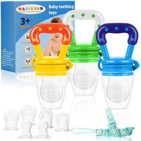 Food Feeder Baby Fruit Pacifier (3 Pcs) with 6 Different Sized Silicone Pacifiers 2 PCS Dispensing Spoon 90ML Spoons Clip Infant Teething Toy -Blue