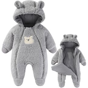 Fairy Baby Newborn Baby Winter Snowsuit Bear Romper Footie Double Zips Hooded Jumpsuit Fleece Warm Coat Infant Boy Girl 0-12M