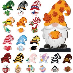 Blulu Fall Christmas Interchangeable Wooden Gnome Decor DIY Holiday Halloween Thanksgiving Seasonal Tiered Tray Decoration with Magnet Pieces Welcome Sign for Decorations(Classic)