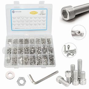 1080Pcs M2 M3 M4 M5 Screw Assortment, Metric Flat Countersunk Head Socket Cap Bolts, Stainless Steel Screws Nuts and Washers with 4 Hex Allen Wrenches, Full Thread