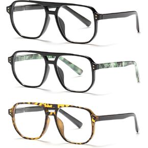 3 Pack Oversized Classic Aviator Reading Glasses Women/Men, Retro Square Blue Light Reader with Spring Hange
