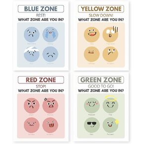 HRQKO What Zone are You in Wall Art Poster Prints Set of 4, Zones of Regulation Poster, Mental Health Artwork Printing Posters Wall Decor, Feelings Emotions Prints for Classroom 8"x10" Unframed