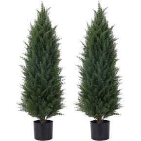 3.5ft(42") Artificial Cedar Topiary Tree Potted Plants UV Resistant Leaves Outdoor Artificial Shrub Home and Office Interior Decoration Outdoor Pruned Trees Artificial Outdoor Tree 2 Pieces a Set