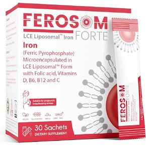 LCE Liposomal Iron – Supplement Powder Gentle on the Stomach – 21g Elemental Iron with Vitamin B12, B6, D, C, Folic Acid – Berry Flavor Powder or Liquid Iron Drink, 30 Vegan Iron Sachets