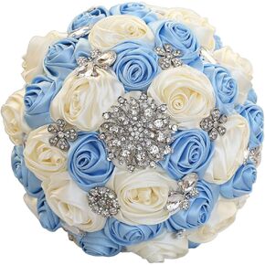 7.9" Handmade Satin Rose Bridal Bouquet Toss Round Wedding Bouquet Throw Toss Artificial Flower Bunch Light Blue + Ivory