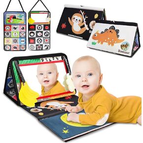 Baby Mirror Toys for Tummy Time, Newborn Infant 0 3 4 6 12 Months Old Boy, Girl Gift. Brain Developmental Montessori Sensory High Contrast Crinkle Book w Safe Mirror for Floor, Crib, Car, Bouncer