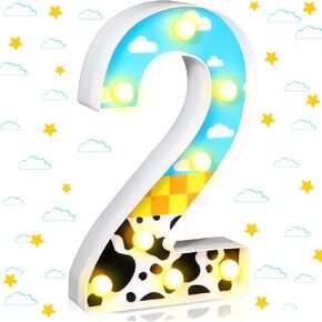 Toy Inspired Birthday Party Supplies LED Light up Number Cartoon Party Decoration Cow Print Blue Sky White Cloud Marquee Glowing Number Sign for Kids 2nd Birthday Party (Number 2)