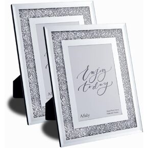 2Pcs Glass Crystal Photo Frame, Diamond Mirror Photo Frame, Silver Luxury Photo Frame, Exquisite Decorations (size 5x7)