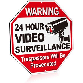 Anley 24 Hour Video Surveillance Sign, Trespassers Will Be Prosecuted Aluminum Warning Sign - No Trespassing Security Alert - UV Protected and Weatherproof - 12" x 12"