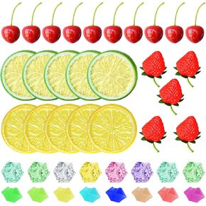 Chewarelly 70 Pcs Fake Fruits Ice Cube Set, Include 10 Artificial Lemon Slice 10 Simulation Cherries 5 Fake Strawberry 45 Fake Crushed Ice and Ice Cubes for Home Kitchen Decoration Photography Prop