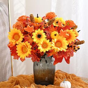 MARTINE MALL 2 Pcs Artificial Fall Flowers, Fall Decor Flower Bouquet Artificial Fall Flower Bouquet with Roses for Wedding Bouquet Autumn Home Thanksgiving Table Centerpiece Decor (Golden)