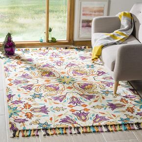 SAFAVIEH Aspen Collection 7' Square Ivory / Purple APN115A Handmade Boho Braided Tassel Wool Area Rug