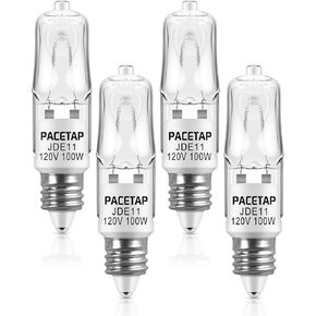 PACETAP 100W JDE11 120V Halogen Light Bulbs, 1200lm 2800K Warm White Dimmable Bulbs with E11 Mini Candelabra Base for Chandeliers, Ceiling Fan, Table Lamps, Cabinet Lighting (4)