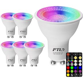 FTL GU10 LED Bulbs Color Changing Light Bulbs with Remote Control, Dimmable 2700K-6000K RGB Colored Light Bulbs 5W 40W Equivalent, 30 Colors, Timer, Spotlight for Track Lighting, 6-Pack