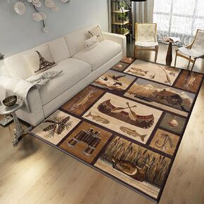 Cabin Style Area Rug, 3x4ft, Rustic Western Country Carpet, Cabin Nature and Animals Area Rug, Small Boat Recreational Fishing Non-Slip Carpet, Lodge Native Design Bedroom Living Room Decoration