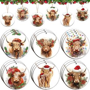 Suzile 24 Pcs Highland Cow Christmas Ornament Wooden Coo Highland Cow Hanging Sign for Christmas Tree Farm Animal Themed Christmas Ornament with Ropes for Cow Lover Farm Xmas Party Decor (Cute)