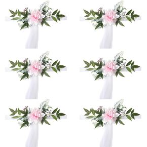 Wedding Aisle Decorations Pew Flowers Set of 6, Church Chair Bench Pew Bows Artificial Flowers with Ribbons Eucalyptus Olive Leaves for Wedding Ceremony Chair Decoration